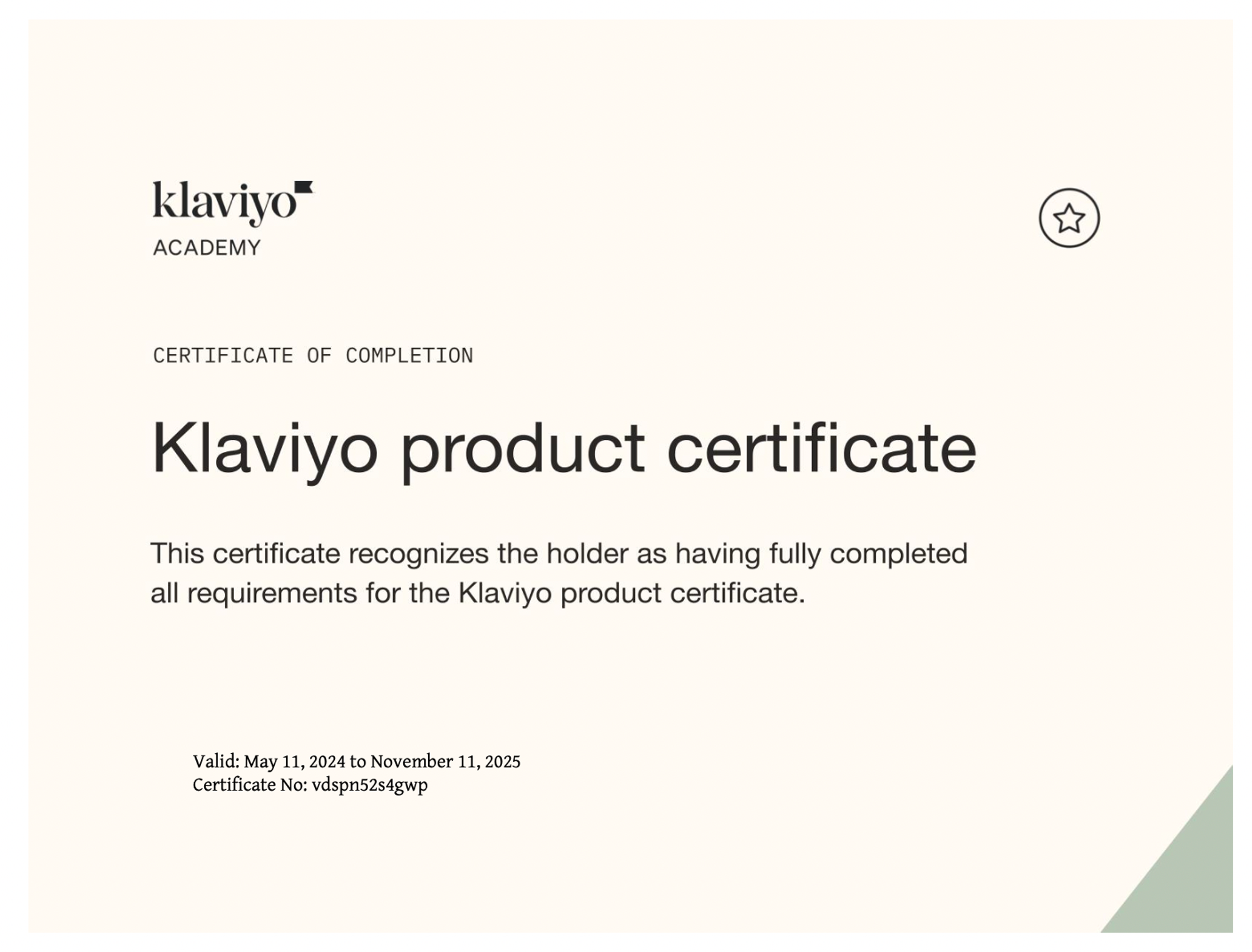 Klaviyo Academy certificate