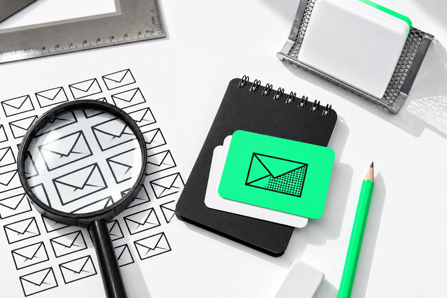 Magnifying glass over a sheet of envelope icons