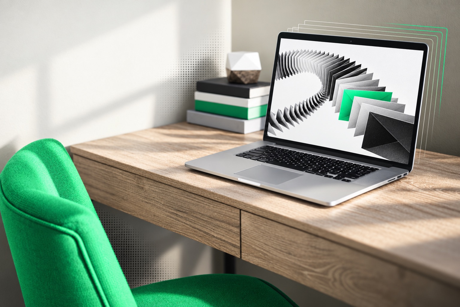 Laptop with a stream of envelopes on screen, on a wooden desk next to a green chair